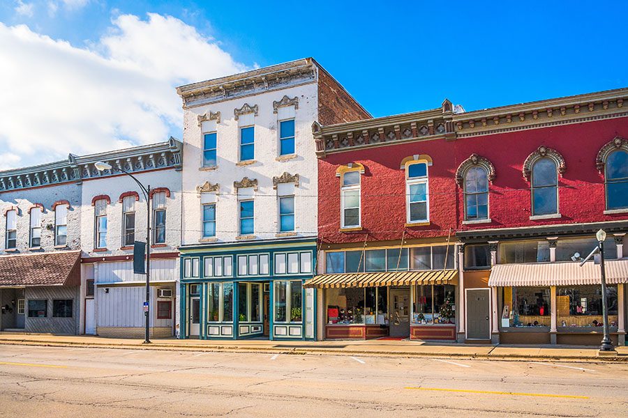 Business Insurance - Row of Small Businesses on Main Street in Small City